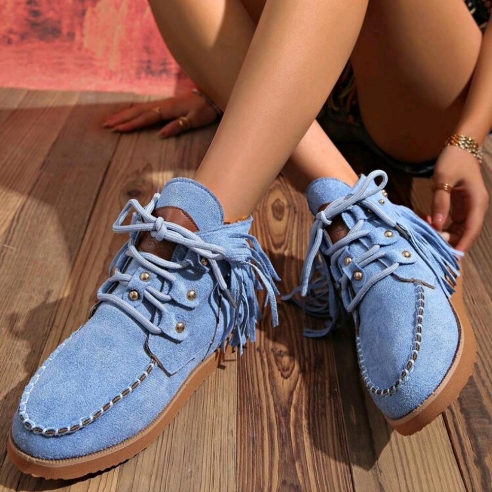 Women Suede Studded Fringe Ankle Boots, Round Toe Low Heel Casual Trendy Street